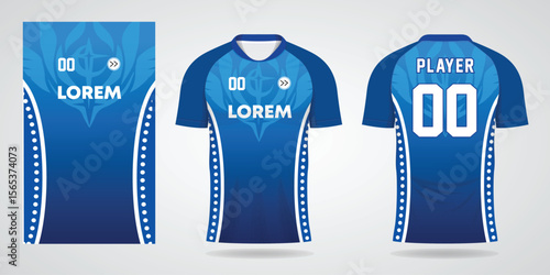 Front and back view of a blue sports jersey with white numbers and text