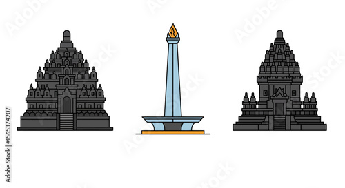 Outlined illustrations of Indonesian landmarks, including a temple and monument.