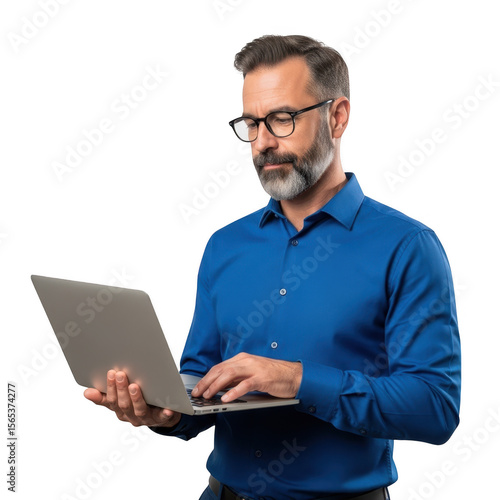 Man with glasses using laptop isolated on transparent background