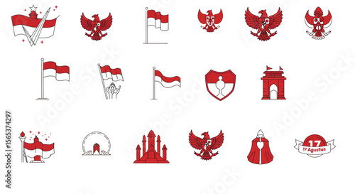 Indonesian national symbols and patriotic design elements.  A collection of graphic icons celebrating Indonesian independence.