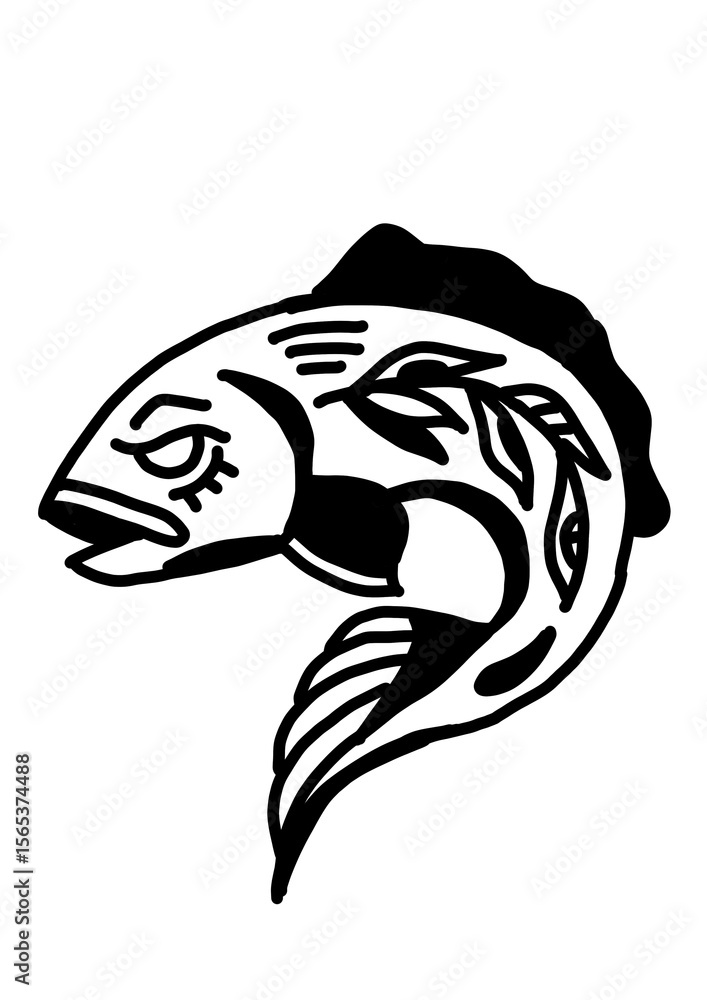Fototapeta premium Stylized fish illustration with leaf accents. Nautical, nature-inspired design