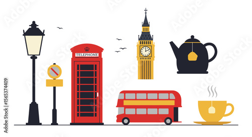 Illustration of iconic London symbols: a red telephone box, double-decker bus, Big Ben, teapot, teacup, and a street lamp.