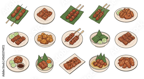 Collection of Indonesian street food dishes served on plates and banana leaves, including skewers and fried snacks.
