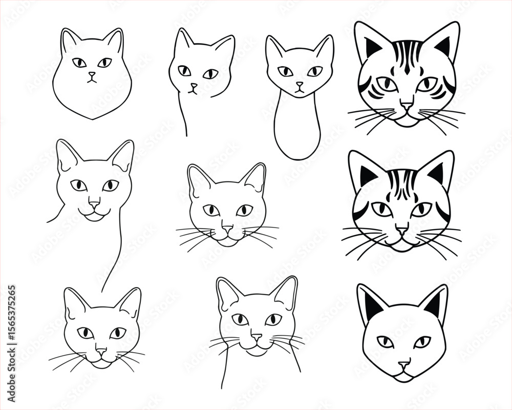 Collection of Simple Line Art Cat Head Illustrations, This set of nine illustrations showcases various cat head designs in a clean, simple line art style. Collection of Simple Line Art Cat Head Illustrations, This set of nine illustrations showcases various cat head designs in a clean, simple line art style.