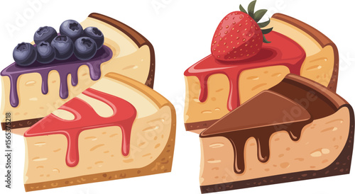 Illustration of four cheesecake slices with different toppings on a light cream colored background