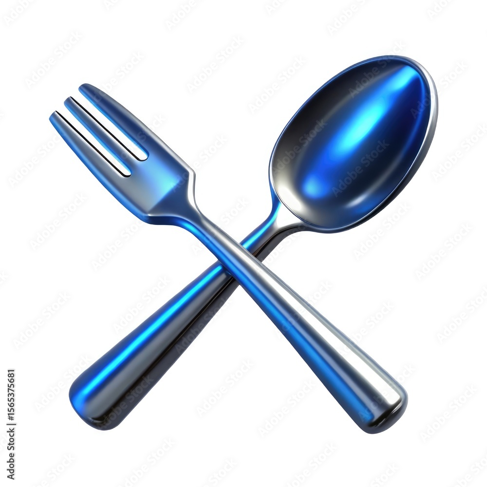 Fototapeta premium Shiny metallic fork and spoon crossed together isolated on white background