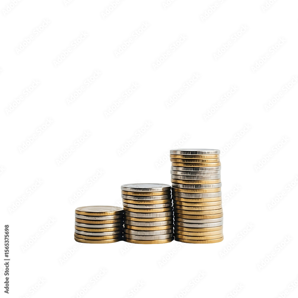 Three stacks of gold and silver coins arranged in ascending order on a plain setting space on transparent background Three stacks of gold and silver coins arranged in ascending order on a plain setting space on transparent background