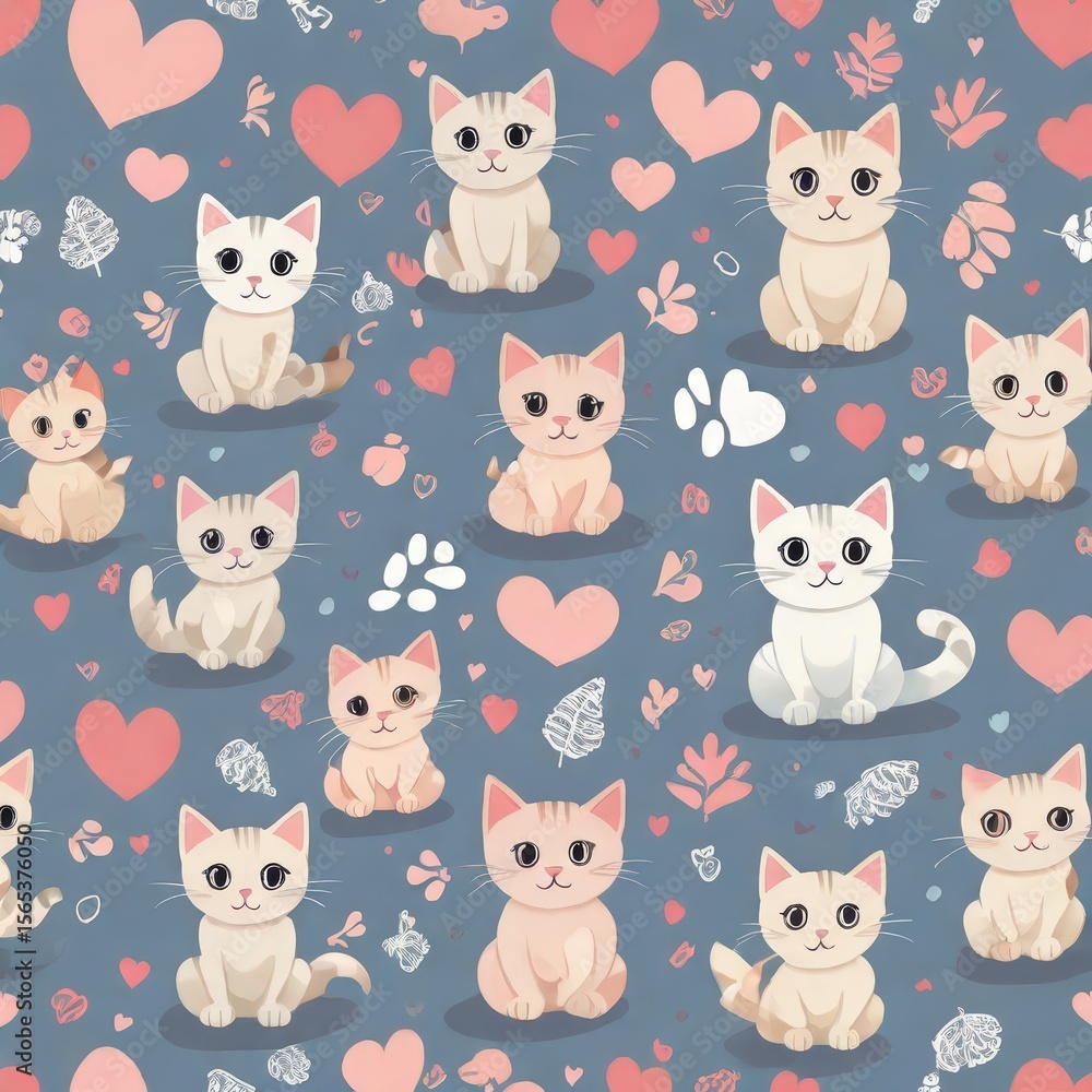 Obraz premium Cute cartoon cats and pink hearts pattern on blue background