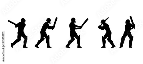 A black and white, sequential image depicting the various phases of a cricket batting action vector set.