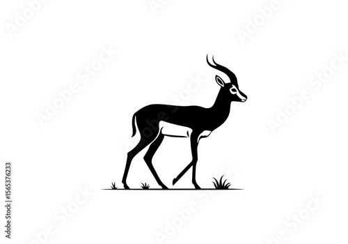 This bold, black silhouette of a gazelle stands gracefully on a grassy plain against a pure white background.