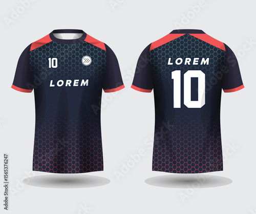 Modern dark blue soccer jersey with red accents and honeycomb pattern