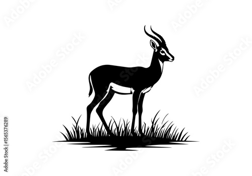 This bold, black silhouette of a gazelle stands gracefully on a grassy plain against a pure white background.