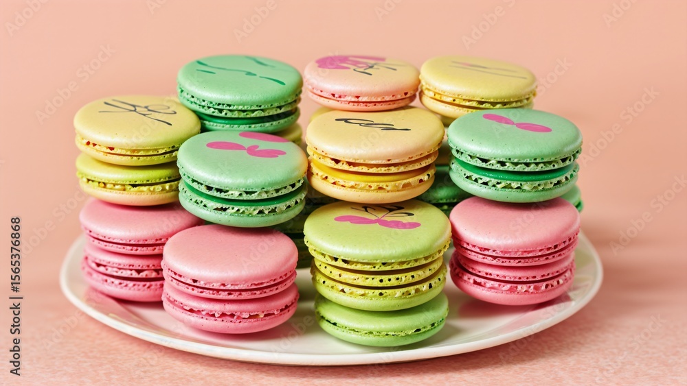 Fototapeta premium Mixed Colorful Macarons on White Plate with Pink Background