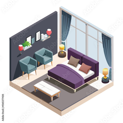 Contemporary designer bedroom featuring a sleek looking bedroom interior vector art design 