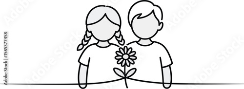 Line art of a girl with braids and a boy holding a flower together on a white background simple design
