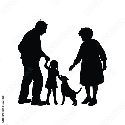 Silhouette of Grandparents with Granddaughter and Dog Creating Family Memories