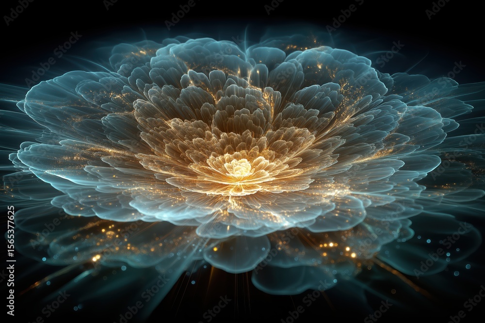 Fototapeta premium Fractal Bloom Expands Radiantly with Glowing Core and Turquoise Golden Light Patterns