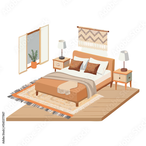 Cozy and eclectic bedroom design with minimal decor vector art design 
