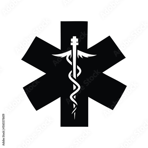 Black and white image depicts the Star of Life symbol on white background