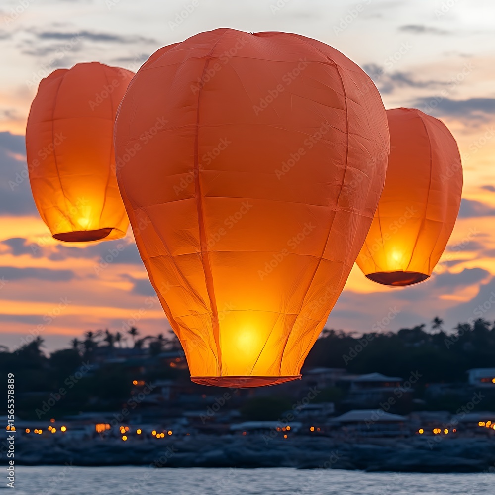 Obraz premium Three illuminated sky lanterns ascend at sunset over a coastal town