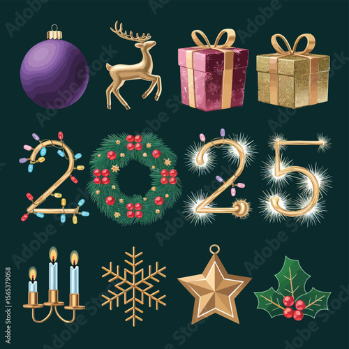 vector Happy New Year Celebrating 2025 in Latin letters , Christmas Decoration Items Santa Claus