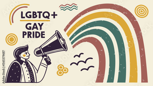 Lgbtq+ gay pride month celebration illustration with rainbow and megaphone for equality and support
