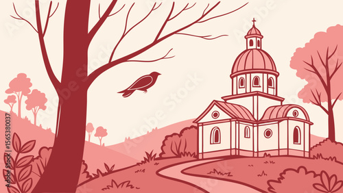 Illustration of church building in nature landscape with bird flying and trees in pink color scheme art