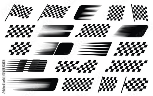 Racing flags and speed line illustration set, dynamic motorsport graphic elements with motion streaks checkered patterns and high speed visual effects.