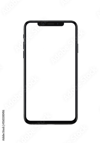 A modern smartphone with a sleek design, black frame, and top notch, featuring a large blank white screen, isolated on a pristine plain white background with no shadows. Concept for mobile app design