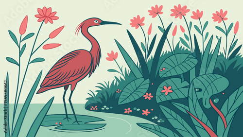 Reddish egret bird in a swamp with flowers and lily pads illustration vector art design concept nature scene