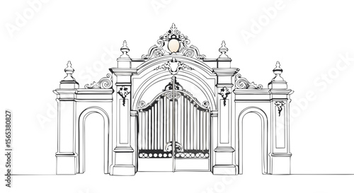 Elegant old baroque style gate with royal palace entrance and arch. Sketch line art vintage illustration isolated on white background for architecture design, building facade design