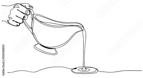 Hand pouring from gravy boat in continuous line art black white vector illustration design element