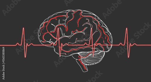 Human brain with heartbeat frequency line, brain activity and stroke. Mental health concept. Vector illustration for medical diagnostic, banner, poster design