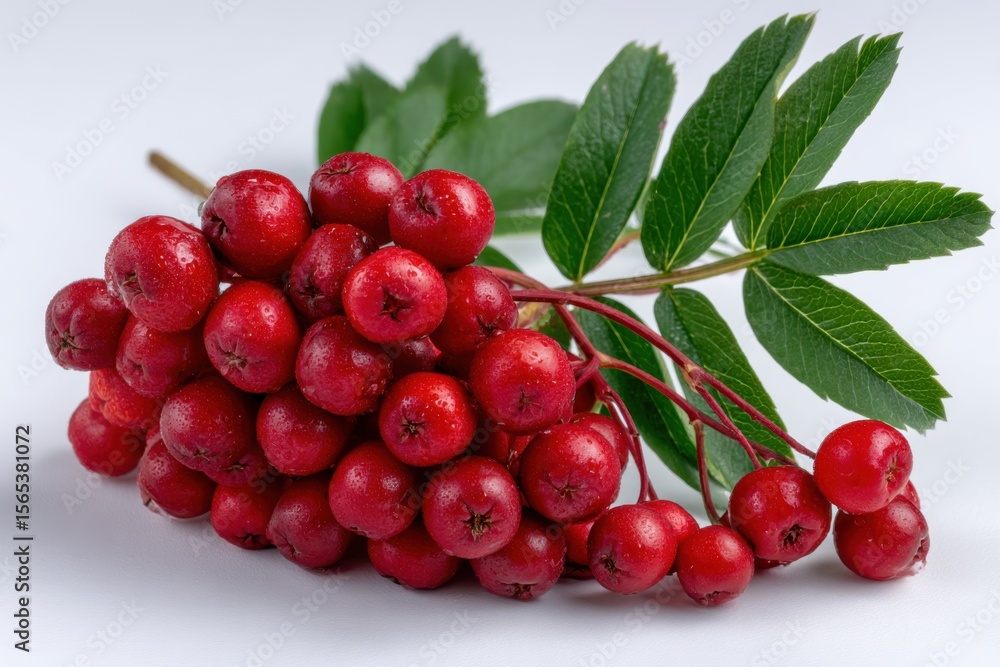 Cluster of ripe red rowan berries with green leaves and water droplets isolated on white background Cluster of ripe red rowan berries with green leaves and water droplets isolated on white background