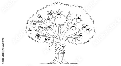 Black and white line art vector illustration of a tree of knowledge with forbidden fruit and a snake wrapped around the trunk, for creation concept