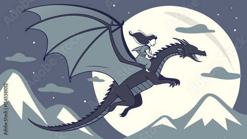 Dragon rider fantasy art illustration girl riding dragon flying in night sky with moon and mountains art
