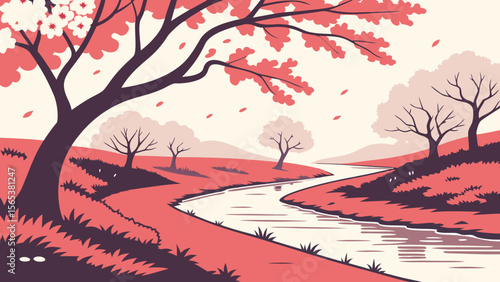Pink spring landscape vector art with river and trees for graphic design and illustration use cases