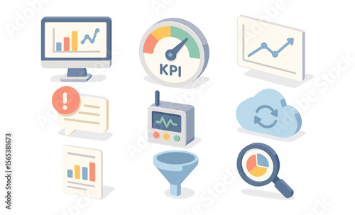 Set of flat vector icons including analytics dashboard, performance speedometer, chart, warning message, router, cloud sync, report, funnel, and magnifying glass