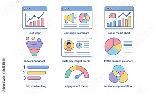 SEO graph, campaign dashboard, social media chart, conversion funnel, customer insight profile, traffic sources pie chart, engagement meter, and audience segmentation