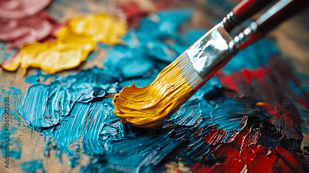 Obraz premium A brush is dipped into a yellow paint and is being used to paint a blue