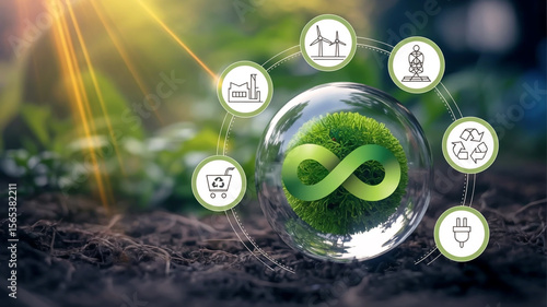 Wallpaper Mural A digital circular infographic shows a green infinity orb surrounded by sustainability icons, sunburst light, dark soil, and a modern environmental design Torontodigital.ca