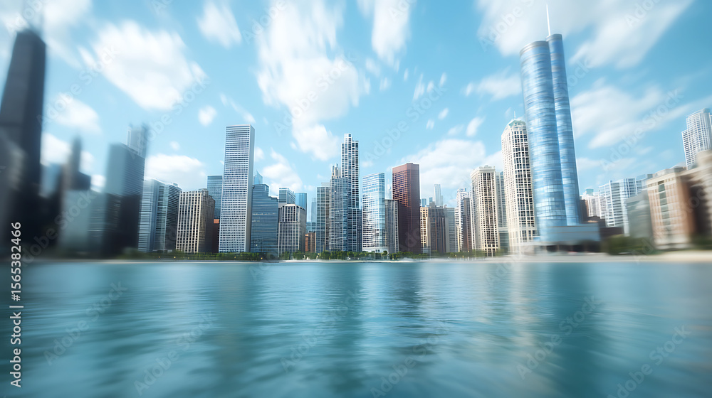 Fototapeta premium A city skyline with a large building in the background