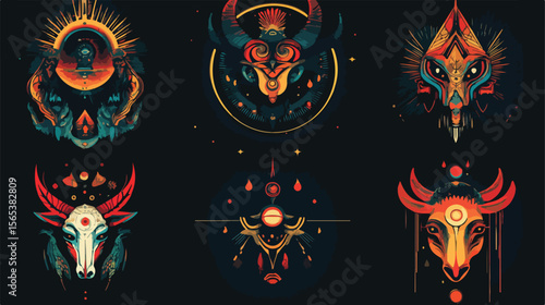 Bundle of Seven Esoteric Art Icons Set Vector Illustration