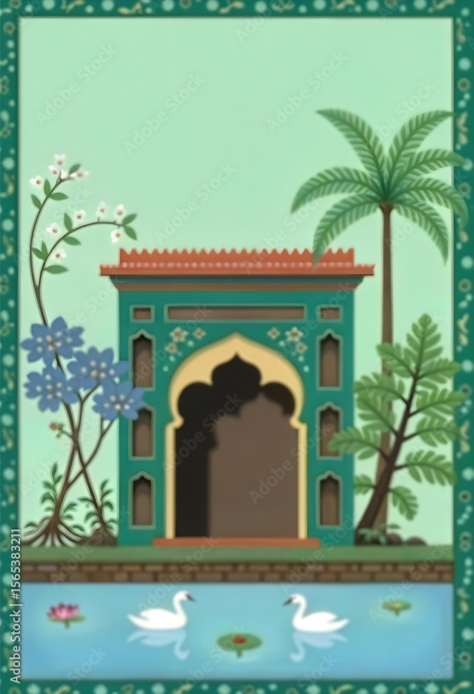 Obraz premium Mughal Garden Lake Vector – Traditional Arches, Exotic Plants, Water Lilies, and Swans in a Serene Botanical Landscape Wallpaper for Decor and Illustration