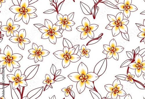 Elegant vanilla pod and delicate outline floral seamless pattern on white background,  print,  vanilla bean