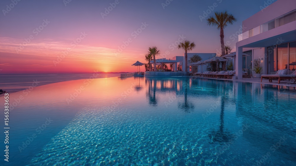 Fototapeta premium Amazing pool Infinity edge reflecting sunset colors minimalist architecture serene atmosphere tranquil oasis luxurious resort experience