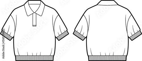 Men's Polo Shirt Technical Fashion Flat Sketch, Short Sleeve Collared Top with Ribbed Hem, Apparel Template, Vector CAD Mockup, Front and Back View.