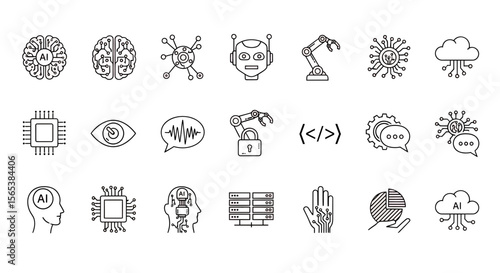 Cutting edge artificial intelligence technology digital innovation vector line icon set representing modern machine learning automation robotics data processing security