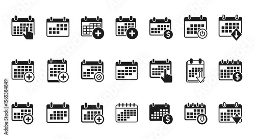 Essential vector graphic icon set for modern digital interface design Comprehensive collection covering versatile business planning scheduling appointment financial transaction
