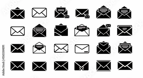 Modern Collection of Email Message Inbox Send Receive Communication Notification Envelope Glyph Icons for Web Mobile Interface Business Contact Digital Symbol Set Isolated on White
